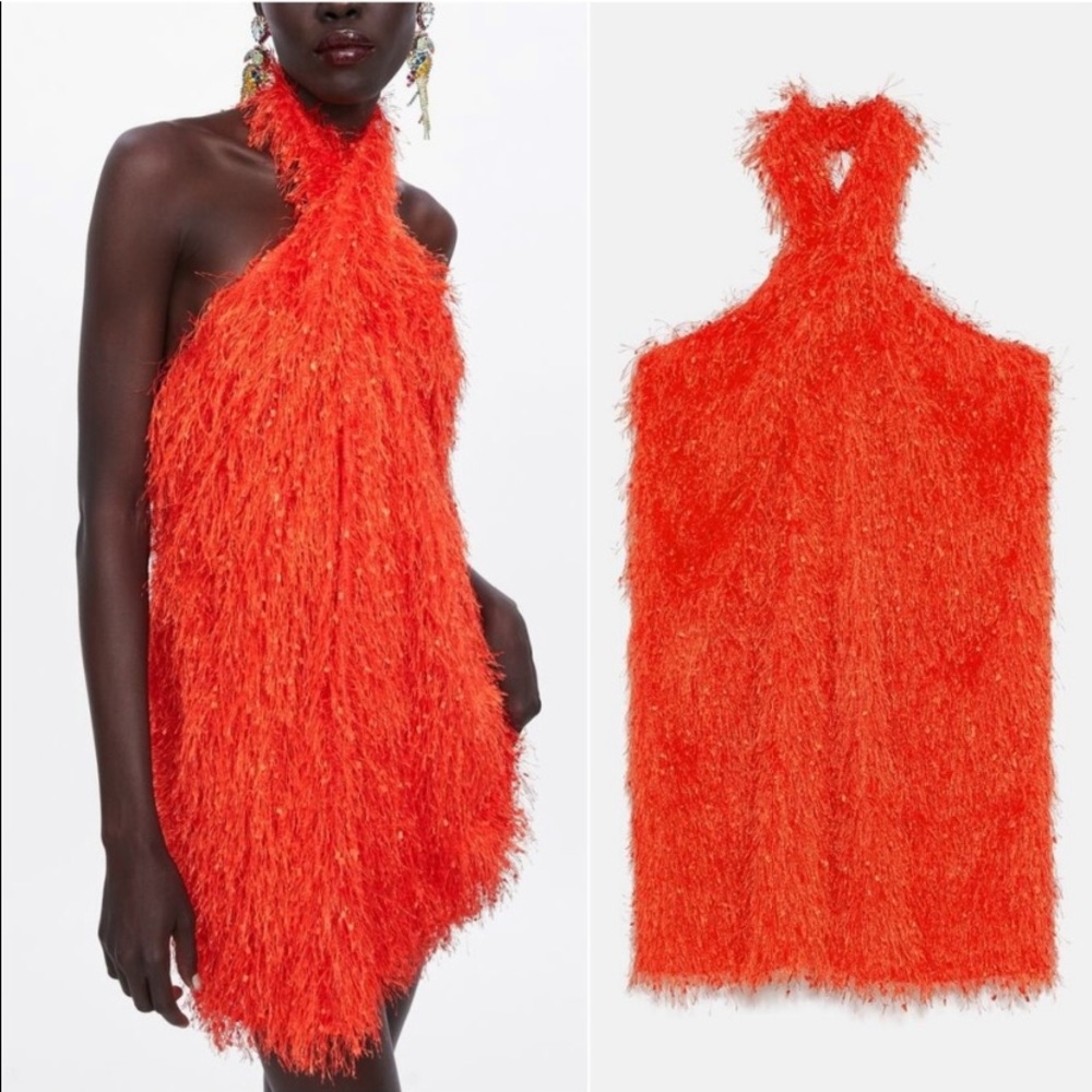 Zara Orange Fringe Halter Mini Dress